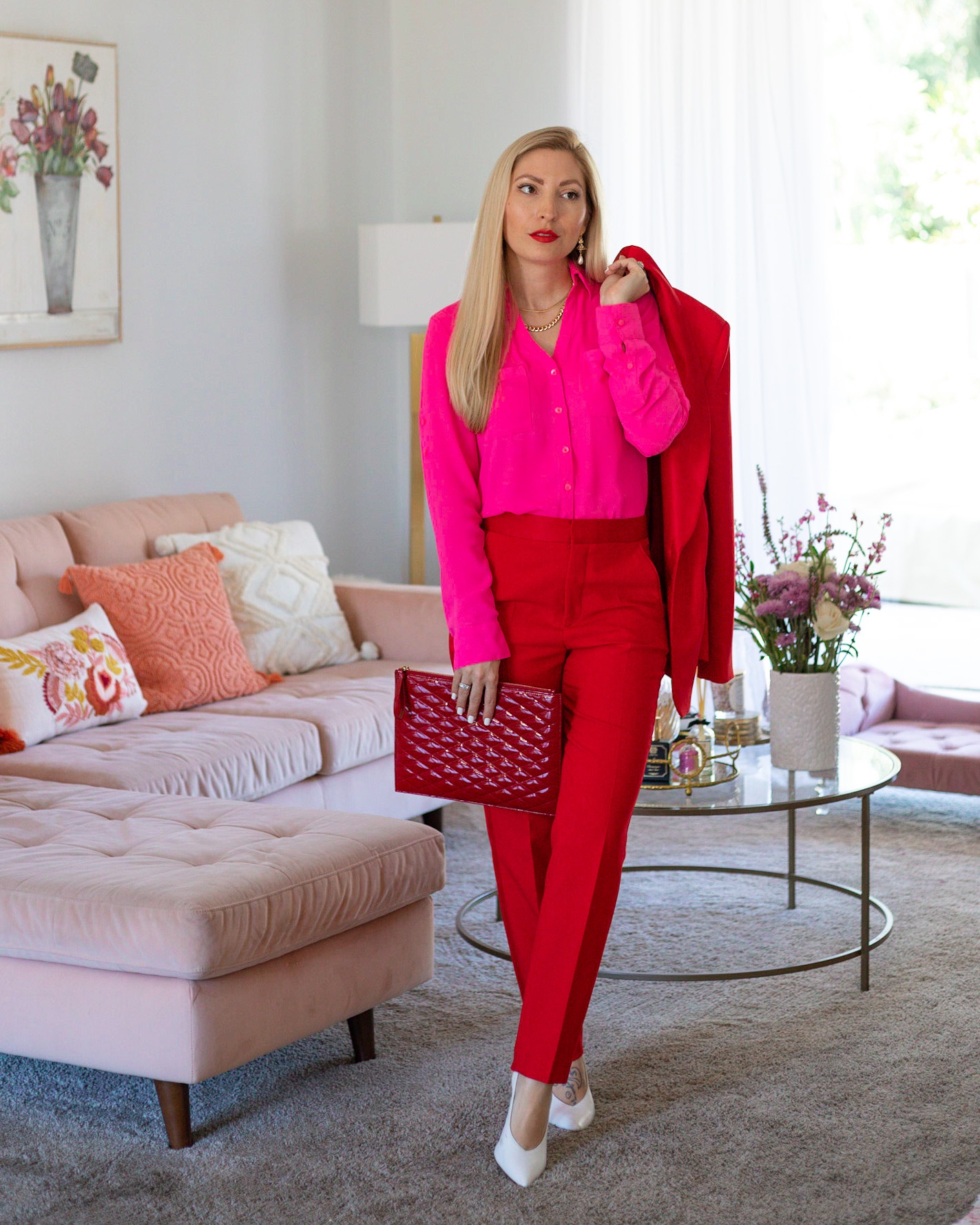RED SUIT WITH PINK TOP