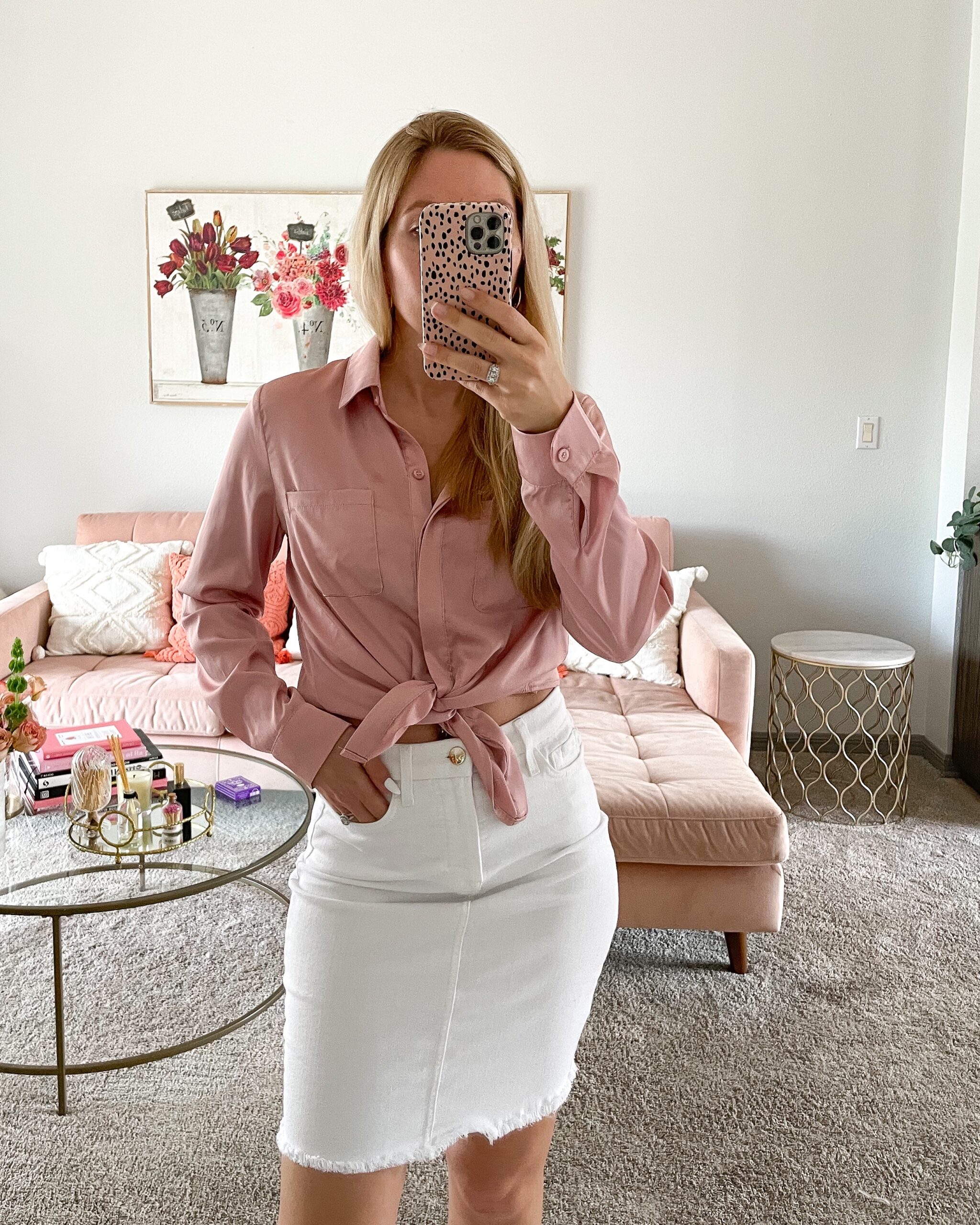 pink tucked blouse