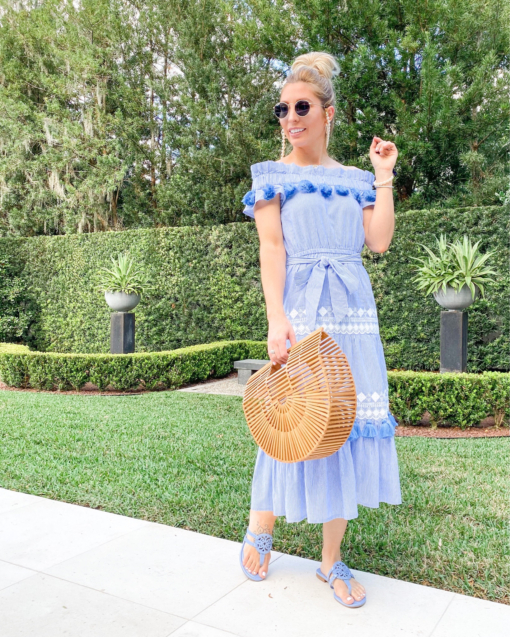 BLUE STRIPED TASSEL TULAROSA DRESS