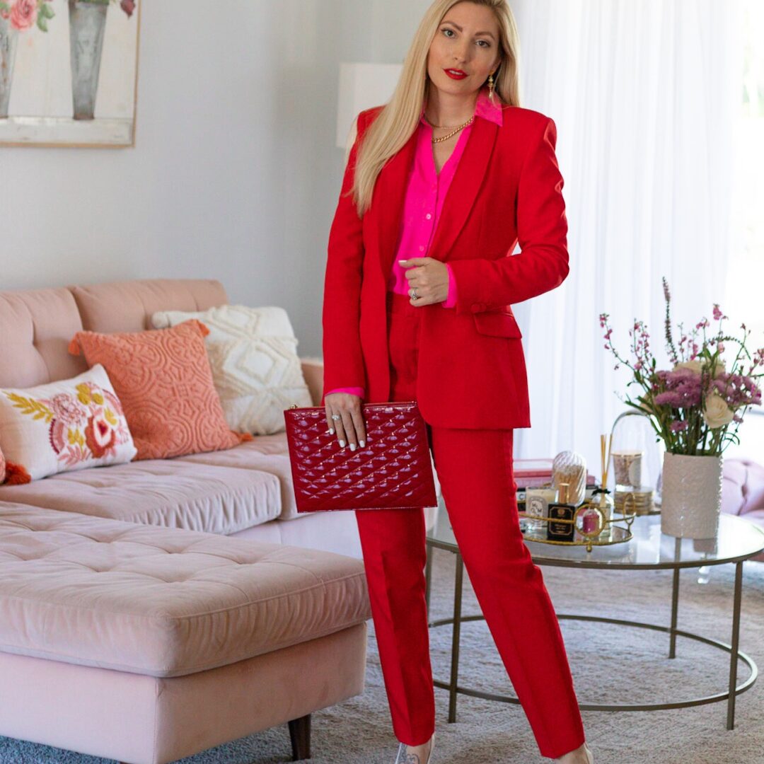 RED SUIT WITH HOT PINK